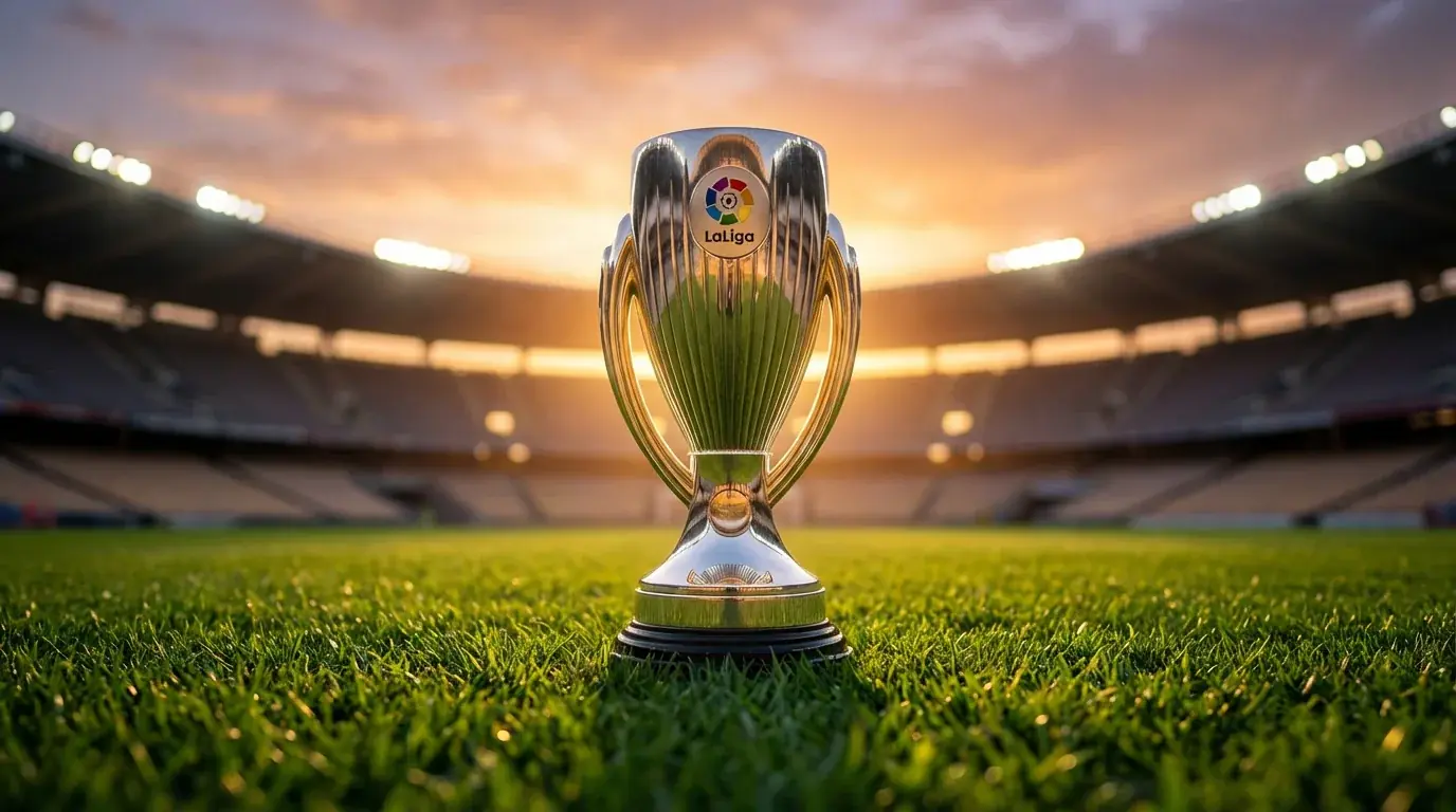 Trofeo de campeón de LaLiga iluminado sobre el césped de un estadio español